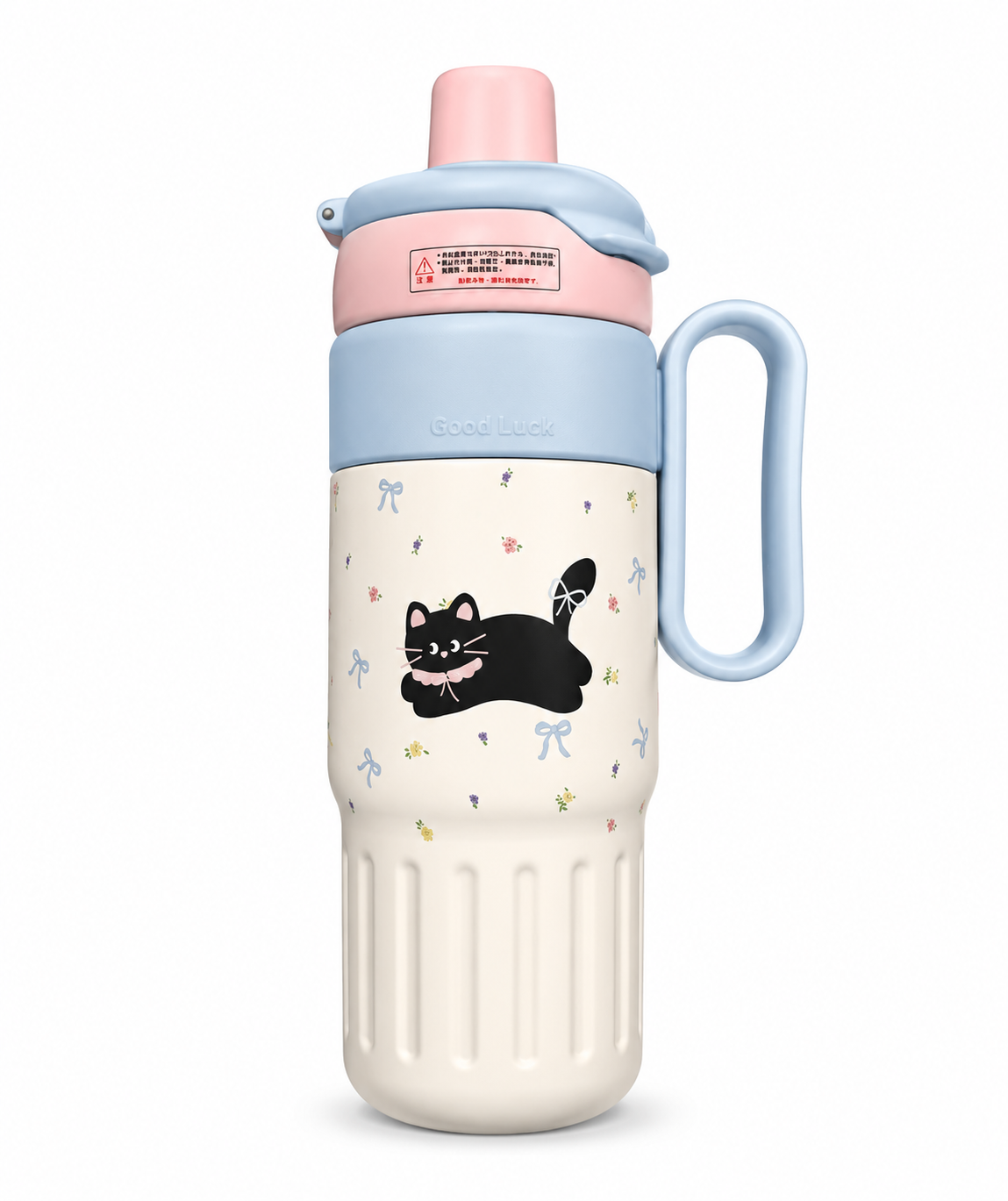 Kaiso Black Cat Cartoon Print Insulated Stainless Steel Tumbler with Handle & Straw – 800ml