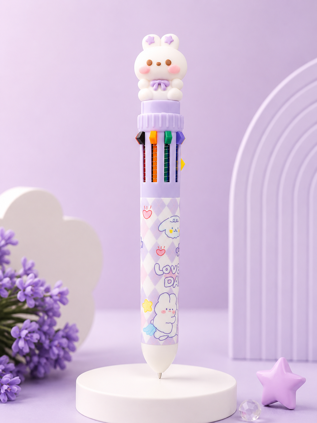 Kaiso 10-in-1 Multicolor Retractable Ballpoint Pen with Cute Cartoon Topper