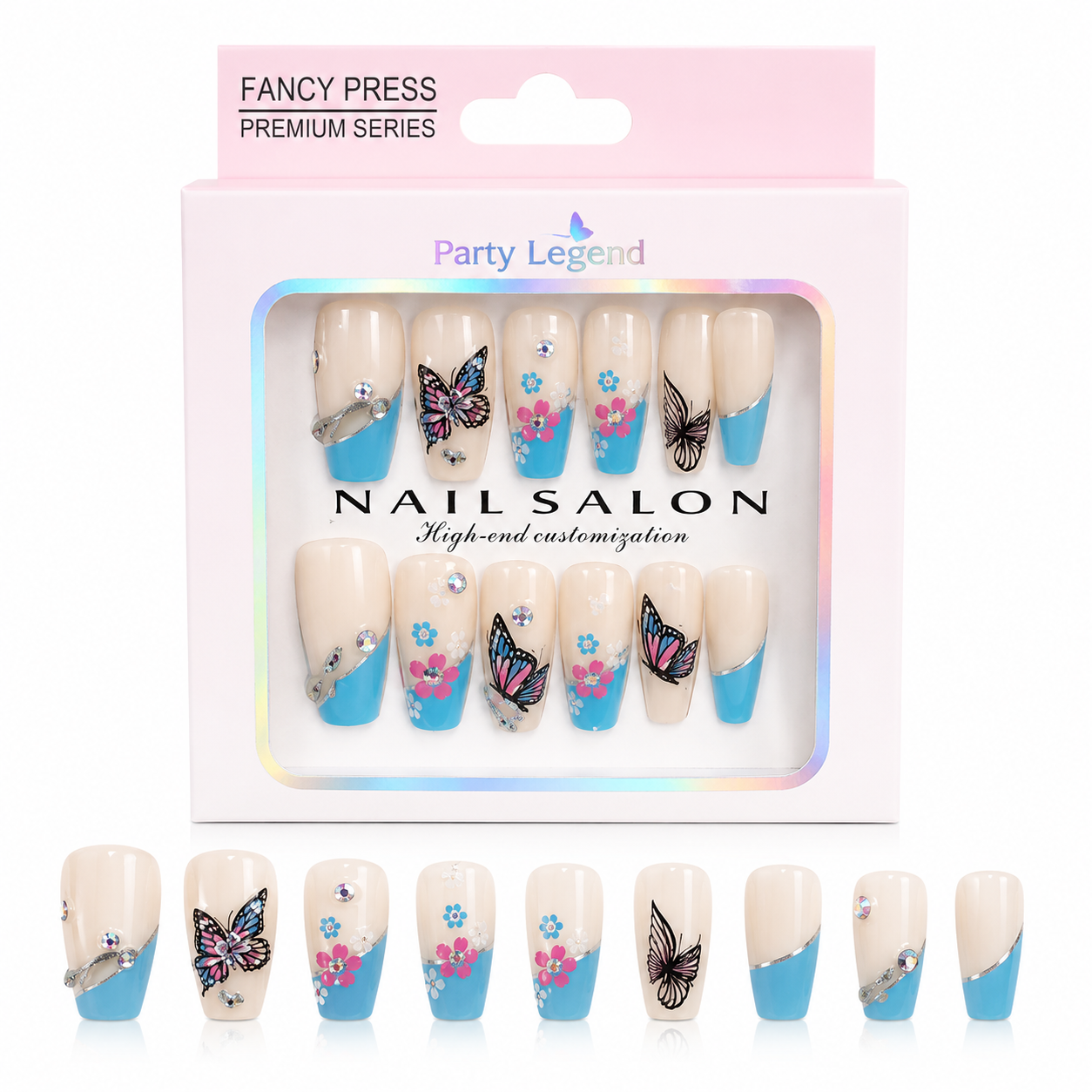 Kaiso Fancy Press Premium Series: Long Almond Blue French Tip Press-On Nails with 3D Butterfly & Floral Art - 24 Pcs