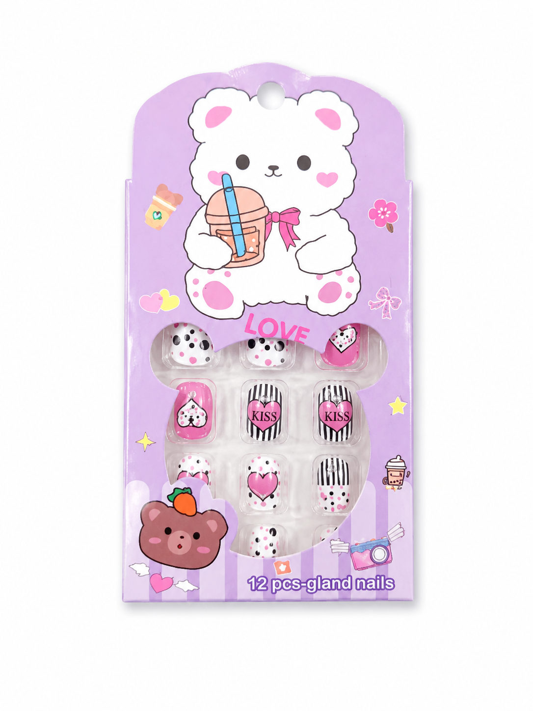 Kaiso Cute Cartoon Bear Press-On Nails for Kids - 12 Pcs Kawaii Nail Art Set