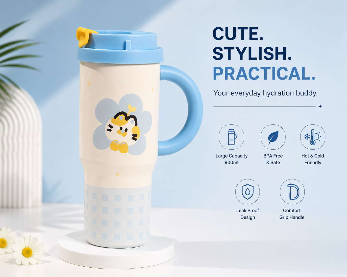 Kaiso Cartoon Print Insulated Stainless Steel Tumbler with Handle & Lid – 1200ml