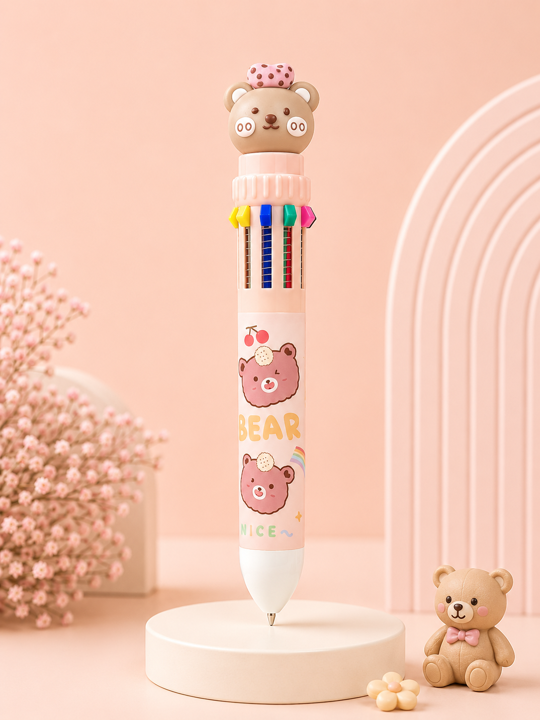 Kaiso 10-in-1 Multicolor Retractable Ballpoint Pen with Cute Cartoon Topper