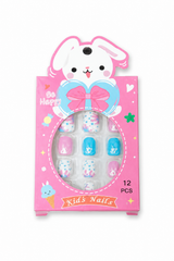 Kaiso 12 Pcs Kids Press-On Nails – Pre-Glued Reusable Cartoon Bunny Designs, Pink & Blue Artificial Nail Kit for Girls