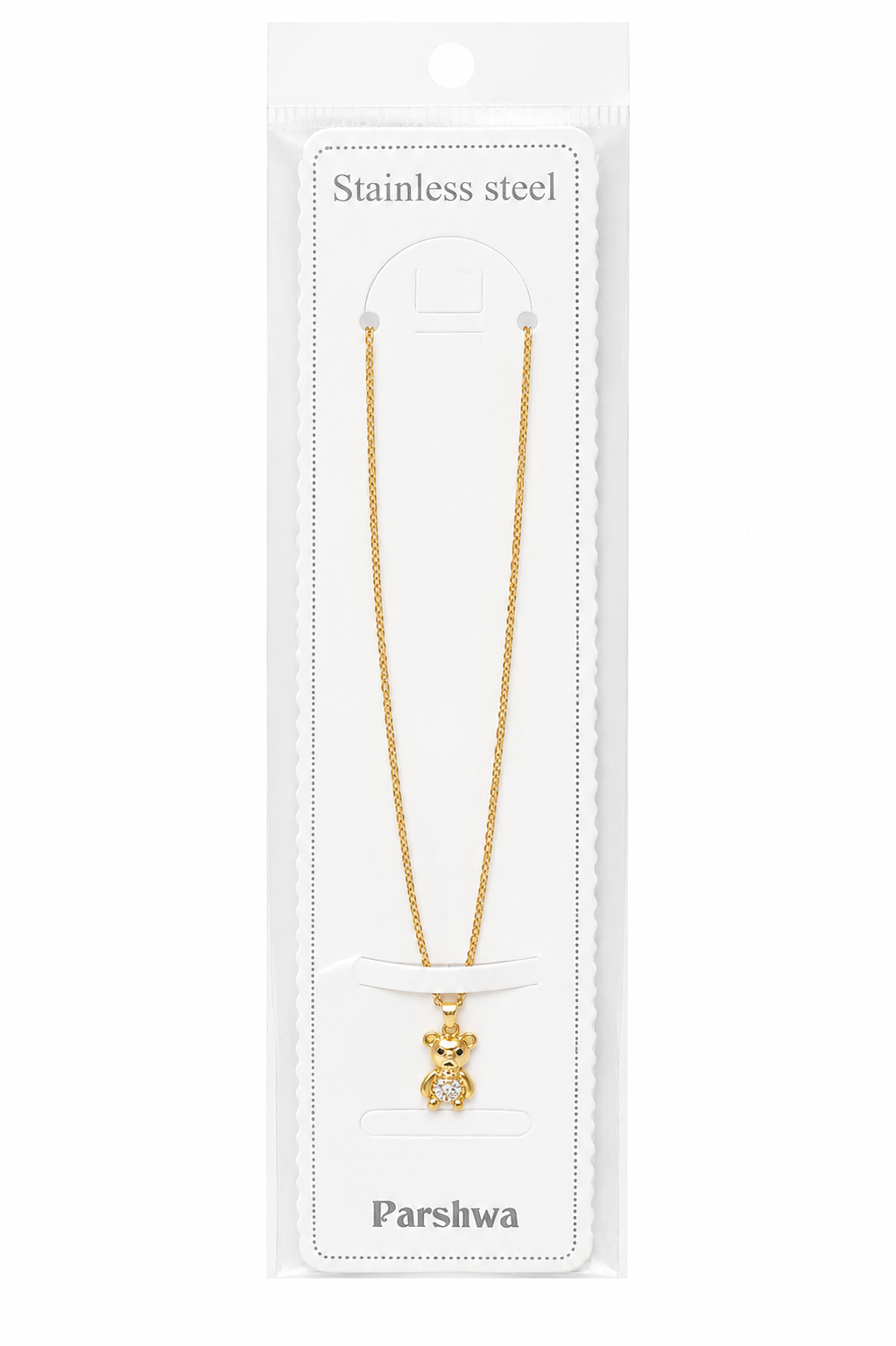 Kaiso Stainless Steel Gold-Plated Teddy Bear Pendant Necklace with Sparkling Rhinestones for Women & Girls