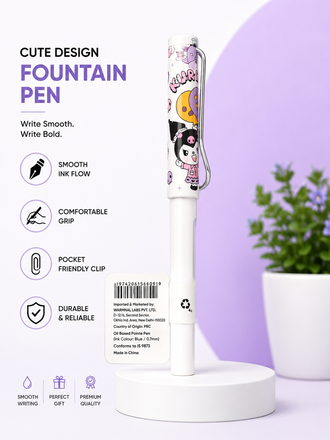 Kaiso White Cartoon Print Premium Fountain Pen with Metal Clip – Smooth Ink Writing Pen
