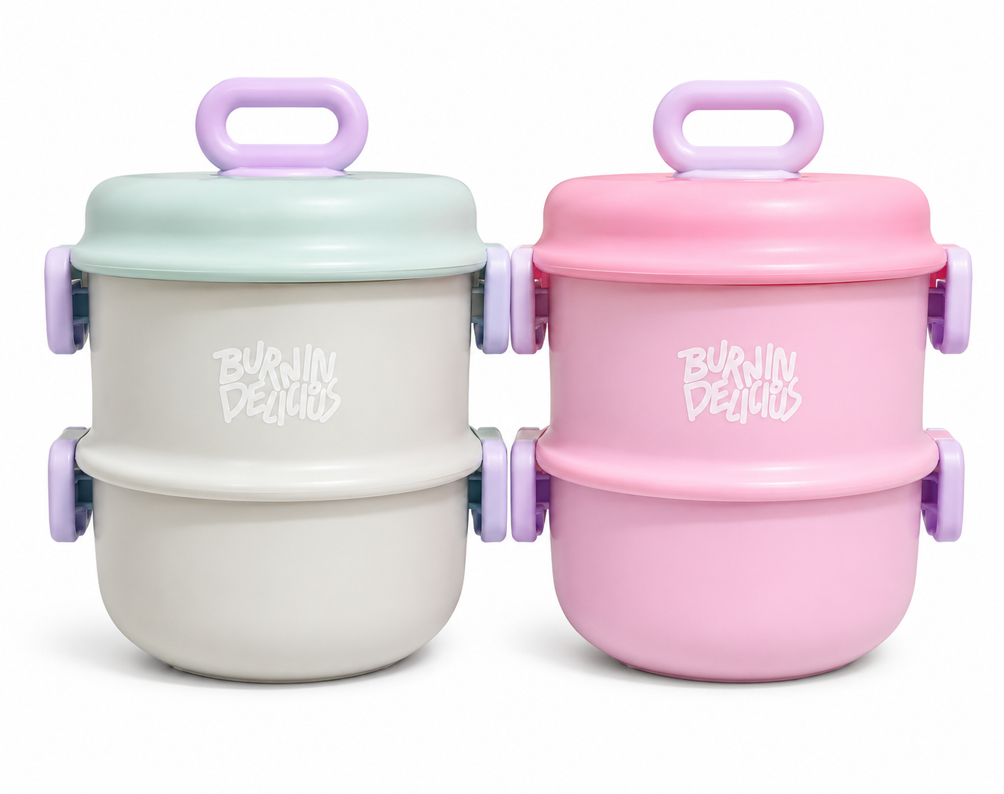 Kaiso Stackable 2-Layer Lunch Box for Dry Food, Light Grey-Beige & Pastel Green