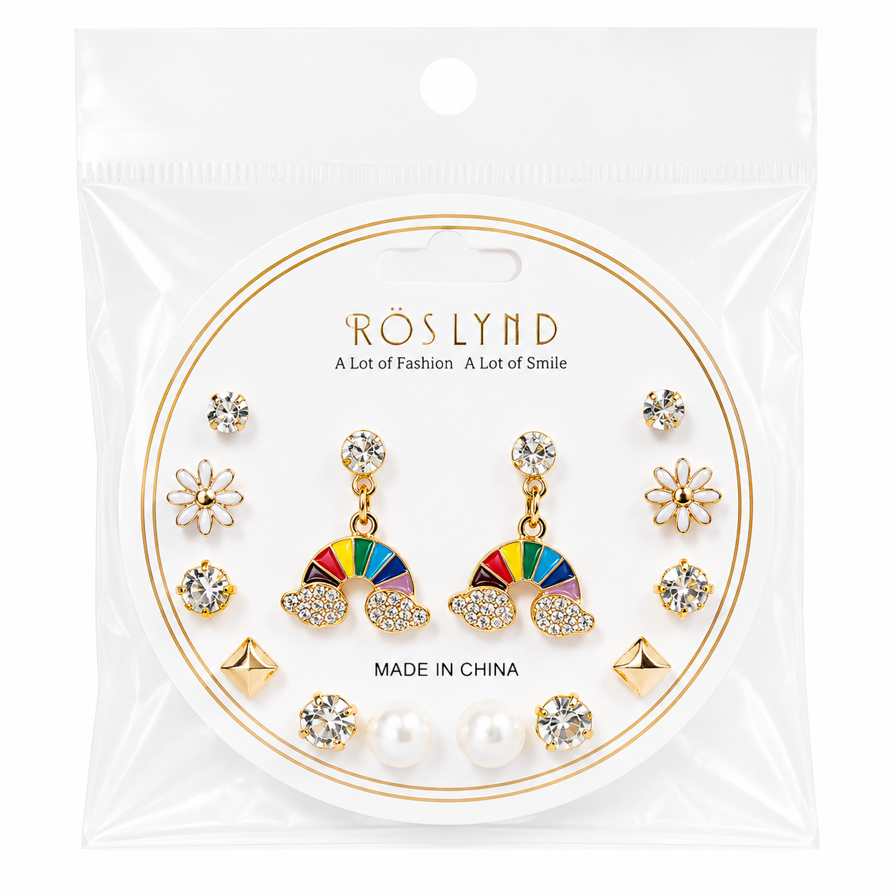 Kaiso Roslynd Korean Style Aesthetic Earring Set - Rainbow, Pearl & Crystal Studs