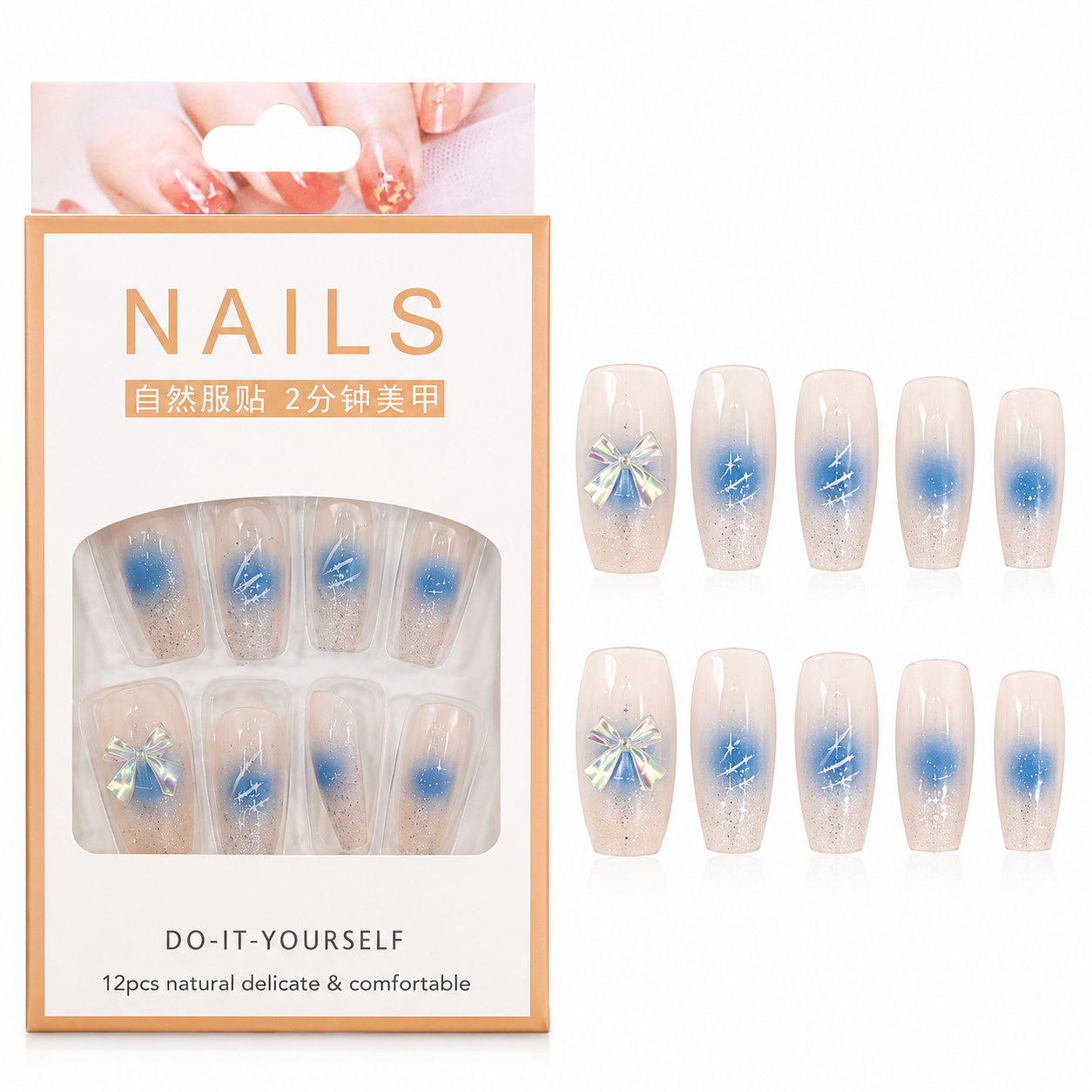 Kaiso 12Pcs Blue Aura Ombre Press-On Nails with 3D Holographic Bow & Silver Star Accents