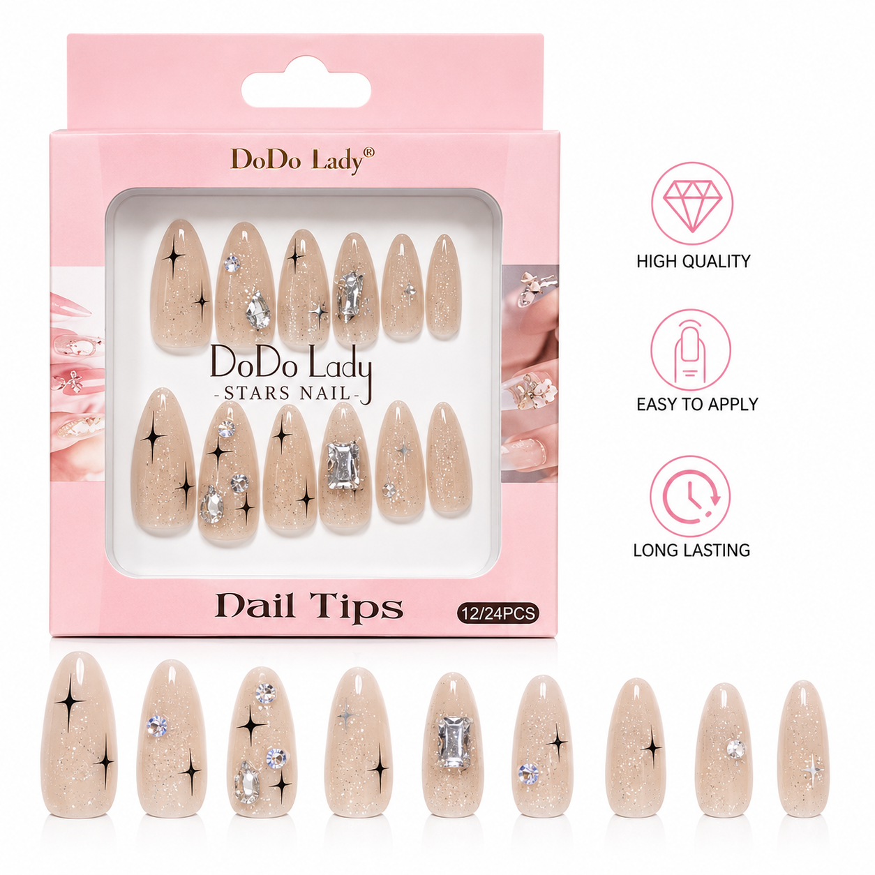 Kaiso DoDo Lady 24-Piece Starry Nude Press-On Nails – Elegant Almond Shape False Nail Kit with Glitter & Starburst Design for Women