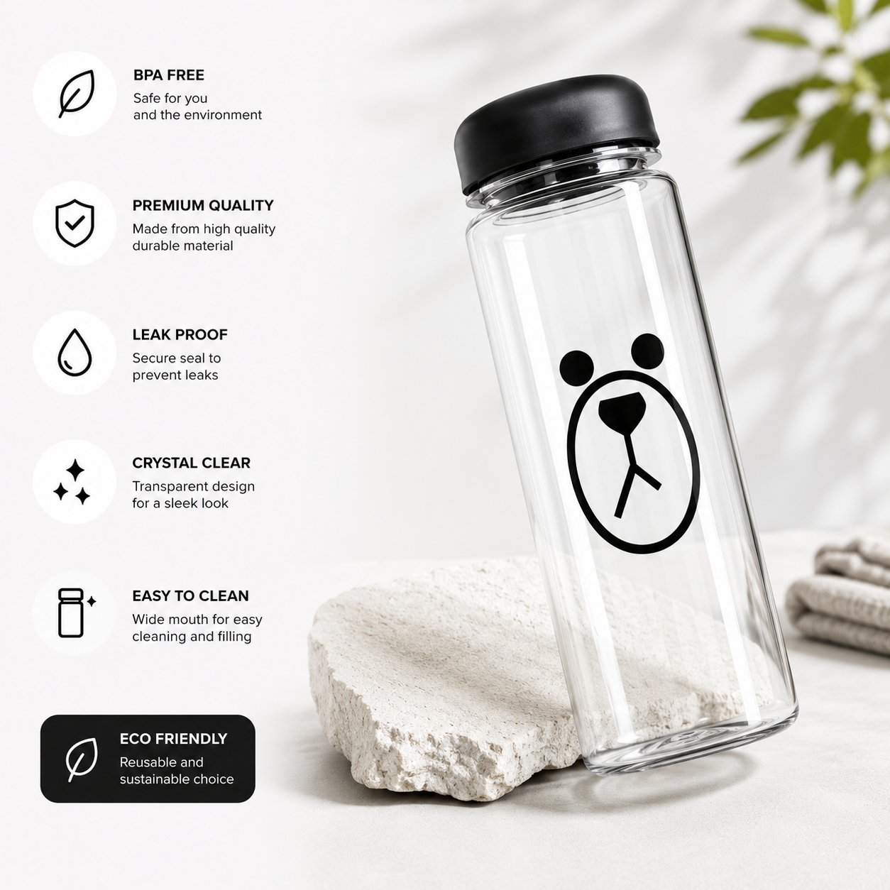 Kaiso Bear Print Clear Sports Water Bottle – 500ml