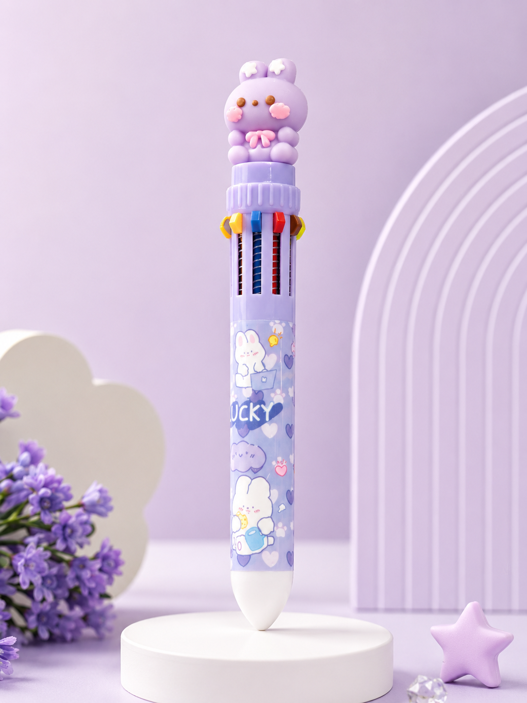 kaiso 10-in-1 Multicolor Retractable Ballpoint Pen with Cute Cartoon Topper