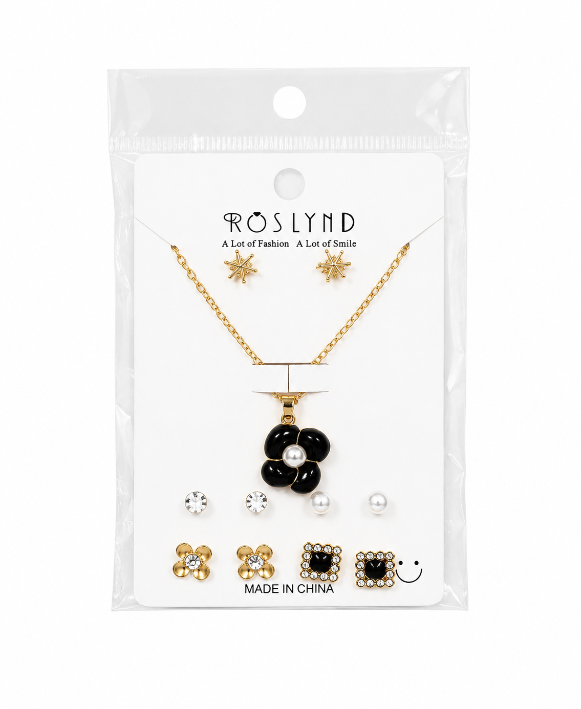 Kaiso Gold-Plated Black Floral Pendant Necklace with 5-Pair Matching Earring Combo Set