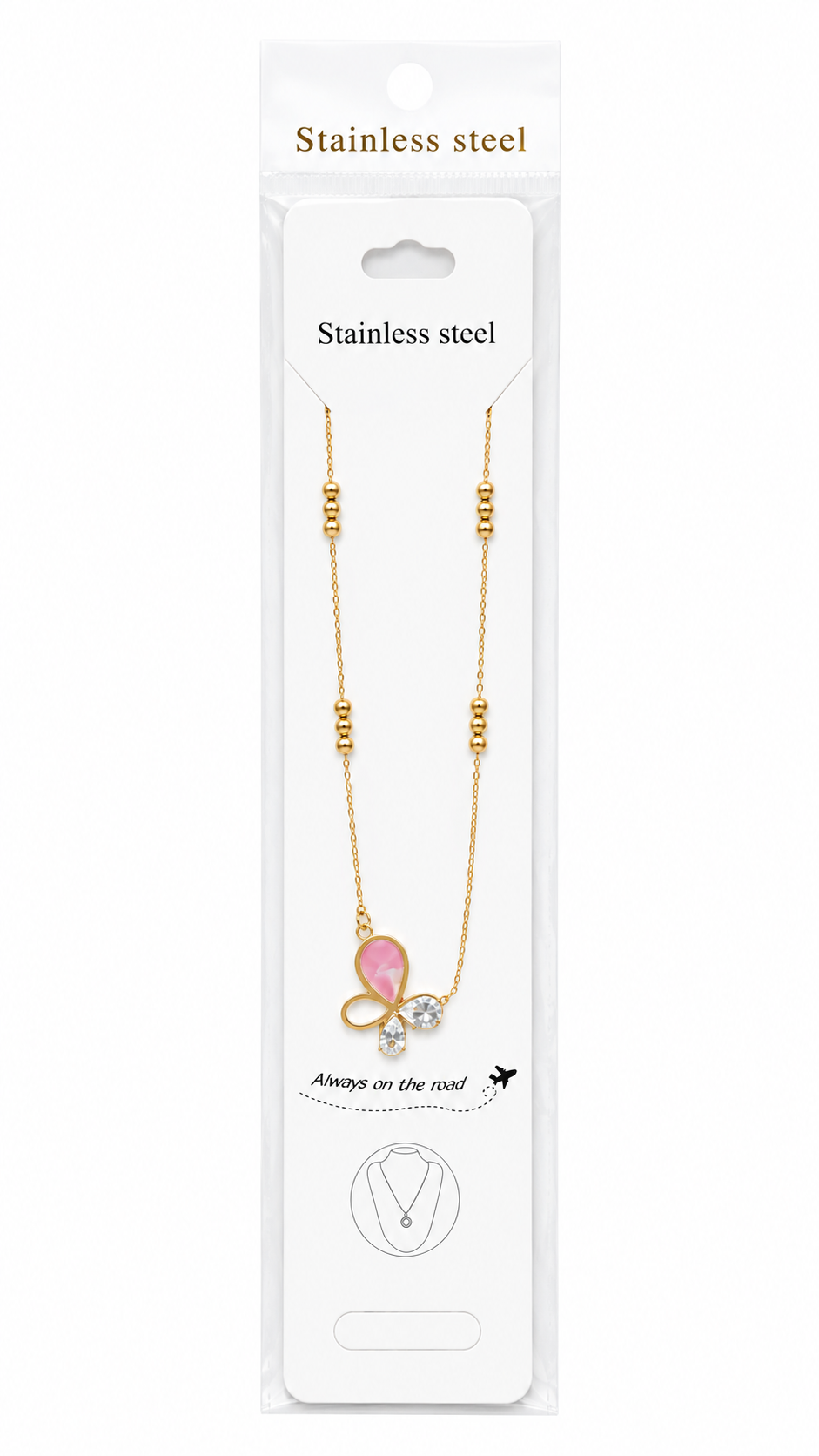 Kaiso Gold-Plated Stainless Steel Anti-Tarnish Pink Butterfly Pendant Necklace for Women and Girls
