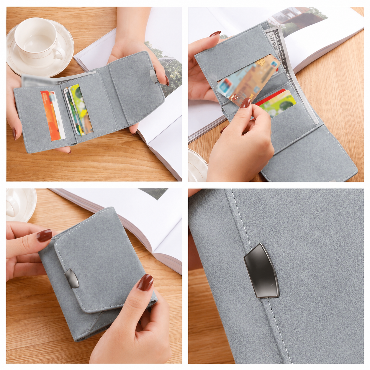 Kaiso Women’s Sleek Grey Compact Bi-Fold Wallet with Secure Metal Hasp