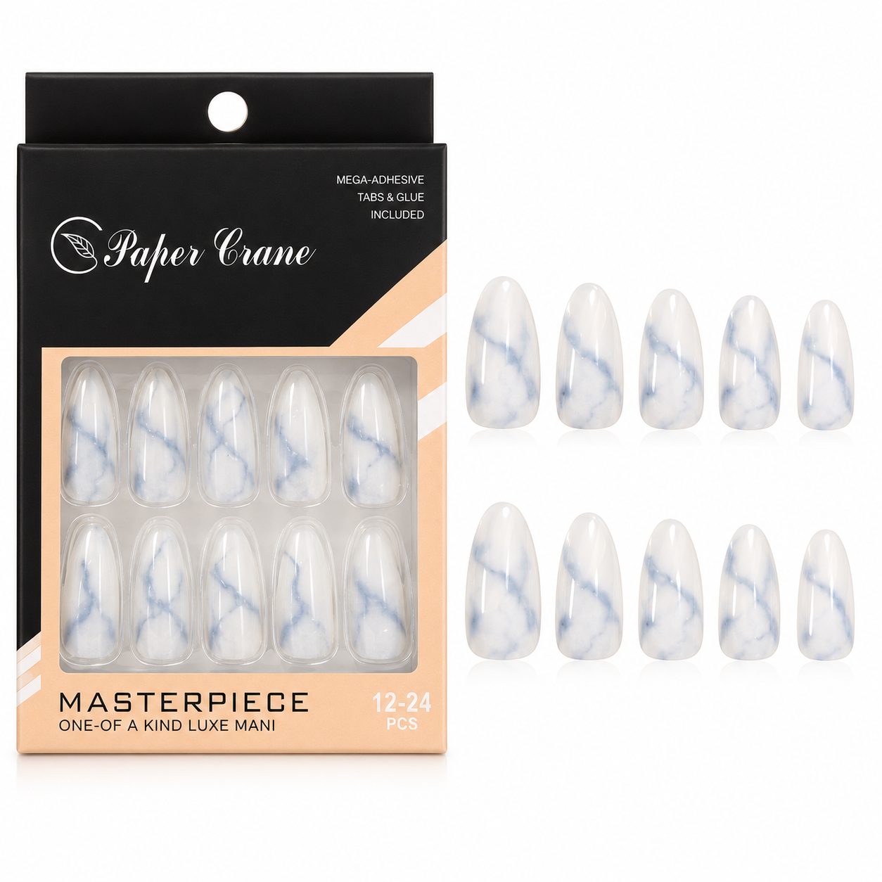 kaiso Paper Crane Masterpiece One-Of-A-Kind Luxe Mani — Blue Marble Almond Press-On Nails (24 Pcs)