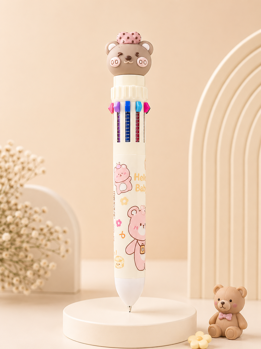 Kaiso 10-in-1 Multicolor Retractable Ballpoint Pen with Cute Cartoon Topper