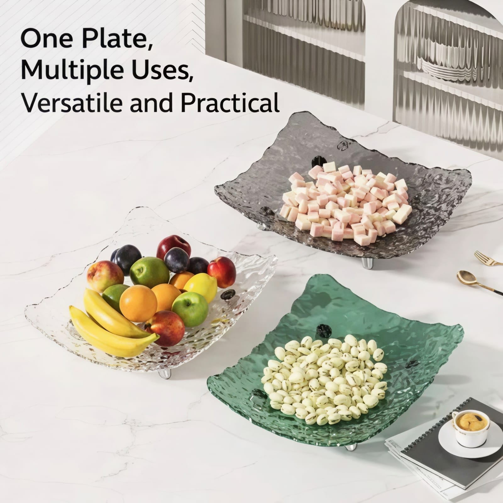 Kaiso Luxury Hammered Glass Fruit Serving Dish - Elegant Centerpiece Platter for Dining Table