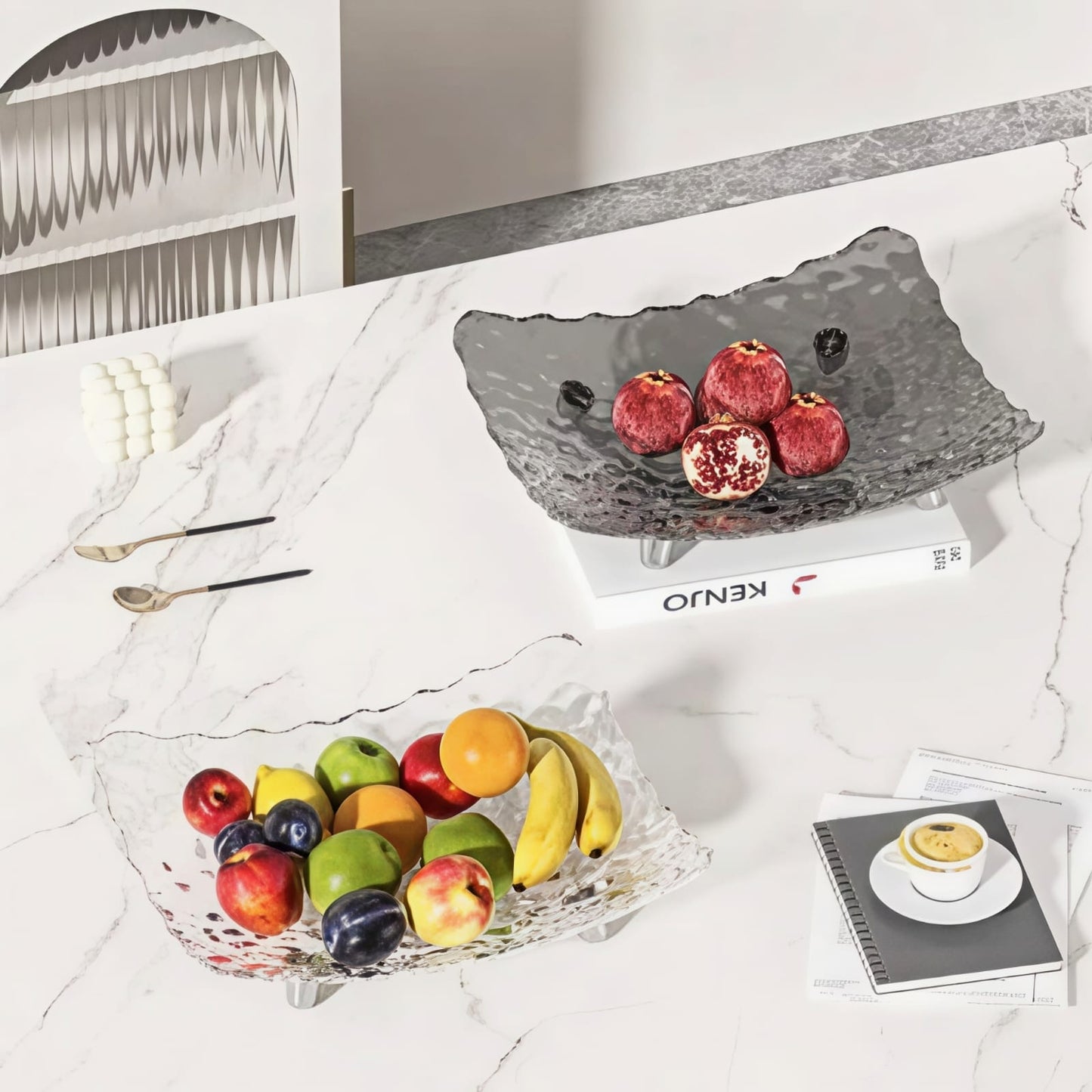 Kaiso Luxury Hammered Glass Fruit Serving Dish - Elegant Centerpiece Platter for Dining Table