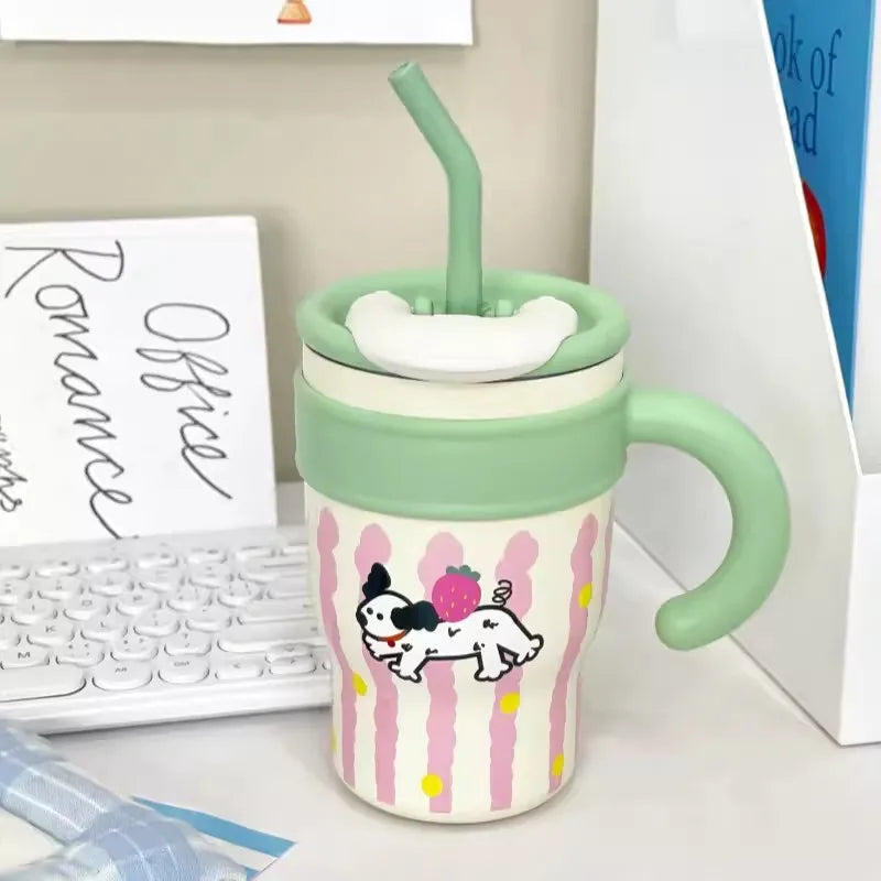 Kaiso Super Cute Cartoon Animal Theme Insulated Stainless Steel Tumbler with Straw and Handle