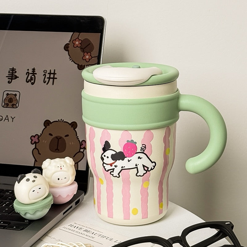 Kaiso Super Cute Cartoon Animal Theme Insulated Stainless Steel Tumbler with Straw and Handle